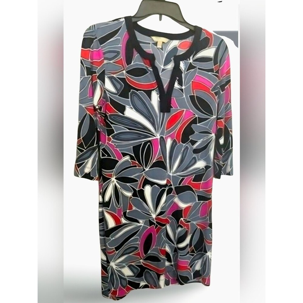 Banana Republic Floral Dress Size 9 Shift Dress 3/4 Sleeve Black Pink Gray Retro